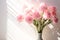 Pink Carnations Bouquet on White Wall Background with Sunlight Shadows for Home Decor