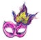 Pink carnival mask with dark blue ornament and peacock feathers on top