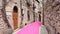 Pink carpet on a street in San Marino.