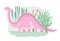 Pink cartoon cute dinosaur walks through the primeval forest