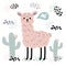 Pink cartoon lama alpaca, cactuses and hi text