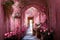 Pink castle hallway strewn red roses all around the door and window. Flowers everywhere. Victorian style. Ai digital art