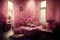 Pink castle living room strewn red roses all around the door and window. Flowers everywhere. Victorian style. Ai digital art