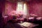 Pink castle living room strewn red roses all around the door and window. Flowers everywhere. Victorian style. Ai digital art