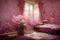 Pink castle living room strewn red roses all around the door and window. Flowers everywhere. Victorian style. Ai digital art