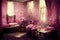 Pink castle living room strewn red roses all around the door and window. Flowers everywhere. Victorian style. Ai digital art