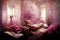 Pink castle living room strewn red roses all around the door and window. Flowers everywhere. Victorian style. Ai digital art