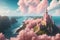 pink castle pink world anime forest sea water illustration generative ai