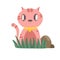 Pink cat illustration wearing a golden bell sitting in a clump of grass and stones