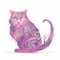a pink cat sitting on a white surface with swirls on it\\\'s back legs and eyes, with a white background behind it