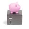 Pink ceramic piggy bank standing on a safe