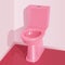 Pink ceramic toilet bowl on a dark pink tiled floor