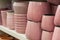 Pink ceramics pots collection in store