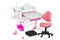 Pink chair, pink school desk, pink basket, desk lamp and black support under legs