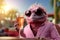 Pink chameleon drinking wine on the beach at sunset. Vacation, party or holiday concept.