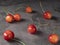 Pink cherries on gray background. Organic berries.