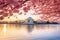 Pink cherry blossom flower and Jefferson Memorial over lake at sunrise in Washington DC, USA.