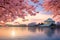 Pink cherry blossom flower and Jefferson Memorial over lake at sunrise in Washington DC, USA.