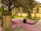 Pink cherry blossom petals covering the ground under a sakura tree outside Manchester Cathedral