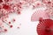 Pink cherry blossoms and Chinese traditional fans, top view. Banner with space for your own content. Blank space for the
