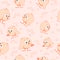 Pink chicken with worm seamless pattern. Little hen with tuft in surprise shows wing to creeping insect.