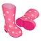 Pink children`s rubber boots for a girl, with a pattern of white flowers, on a corrugated sole, one stands, the other lies.