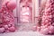 Pink Christmas background. Christmas trees and gift boxes near an elegant front door.