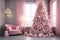 Pink Christmas Tree in Luxurious Room. Seasonal Home Deco and Festive Interior Design. AI Generative