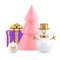 Pink Christmas tree snowman festive gift box toy ball winter holiday decor realistic 3d icon vector