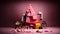 a pink Christmas tree, surrounded by an array of pink clothes, bags and shoes. A pair of golden shoes and a golden star add a