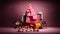 a pink Christmas tree, surrounded by an array of pink clothes, bags and shoes. A pair of golden shoes and a golden star add a