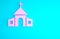 Pink Church building icon isolated on blue background. Christian Church. Religion of church. Minimalism concept. 3d