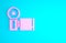 Pink Cinema camera icon isolated on blue background. Video camera. Movie sign. Film projector. Minimalism concept. 3d