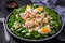 Pink cocktail shrimps salad with veggies and eggs