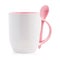 Pink coffee mug and spoon isolated on white background. Empty tea cup for your design.  Clipping path