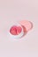 Pink collagen hydrogel eye patches in a jar. Cosmetics for the care of the skin around the eyes, lifting.