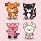 Pink color background with diamonds silhouettes with cute kawaii domestic animals