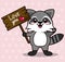 Pink color background with hearts silhouettes and cute kawaii animal raccoon standing with wooden sign love you and
