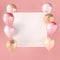 Pink color and golden balloons with sequins and white sticker. Pink background for social media. 3D render for birthday, party, we