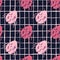 Pink colored bugs silhouettes seamless botanic pattern. Flat cartoon insects print on black chequered background