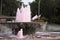 Pink coloured water flowing through a fountain