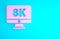 Pink Computer PC monitor display with 8k video technology icon isolated on blue background. Minimalism concept. 3d