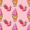 Pink Cone Ice Creams Seamless Pattern, Kawaii Doodle Ice Cream Illustration, Vector EPS 10.