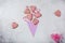 Pink cookies in form of heart in paper corn like bouquet of flowers valentine day or mother day