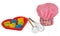 Pink cooking hat, with multi-colored pattern, hearts, flowers and owls. Hearts molds for cookies in red. Whisk to froth.