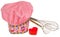 Pink cooking hat, with multi-colored pattern, hearts, flowers and owls. Hearts molds for cookies in red. Whisk to froth