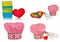 Pink cooking hat, with multi-colored pattern, hearts, flowers and owls. Hearts molds for cookies in red. Whisk to froth