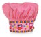 Pink cooking hat, with multi-colored pattern, hearts, flowers and owls. The pattern on the cap in the colors yellow, orange, red,