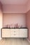 Pink corner wirh wooden cabinet