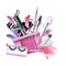 Pink cosmetic bag with beauty master's tools for eyelash extension and lamination, with brushes, silicone rollers